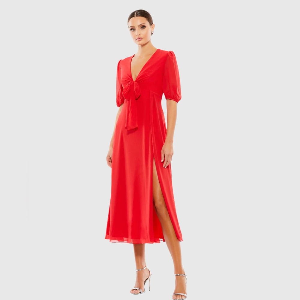 NWT MAC DUGGAL Red V Neck Bow Detail Flowy Midi Dress Size 2